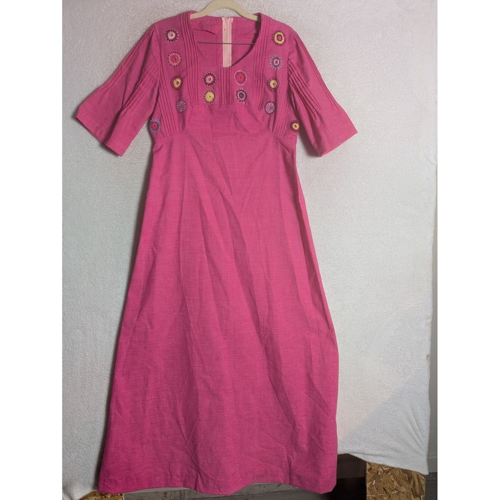 Handmade‎ Maxi Dress Women's M/L Pink Embroidered 70s Boho Pin Tuck Square Neck